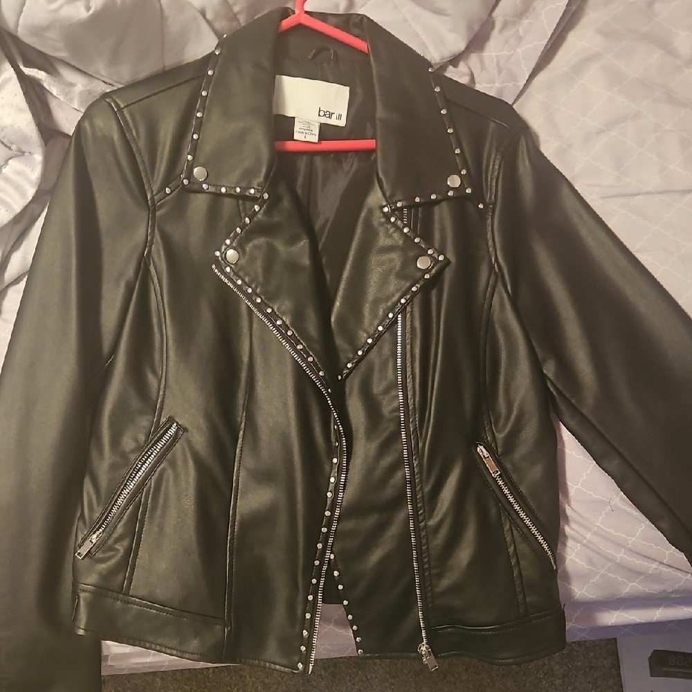 Bar III Black Leather Jacket with Silver Studs